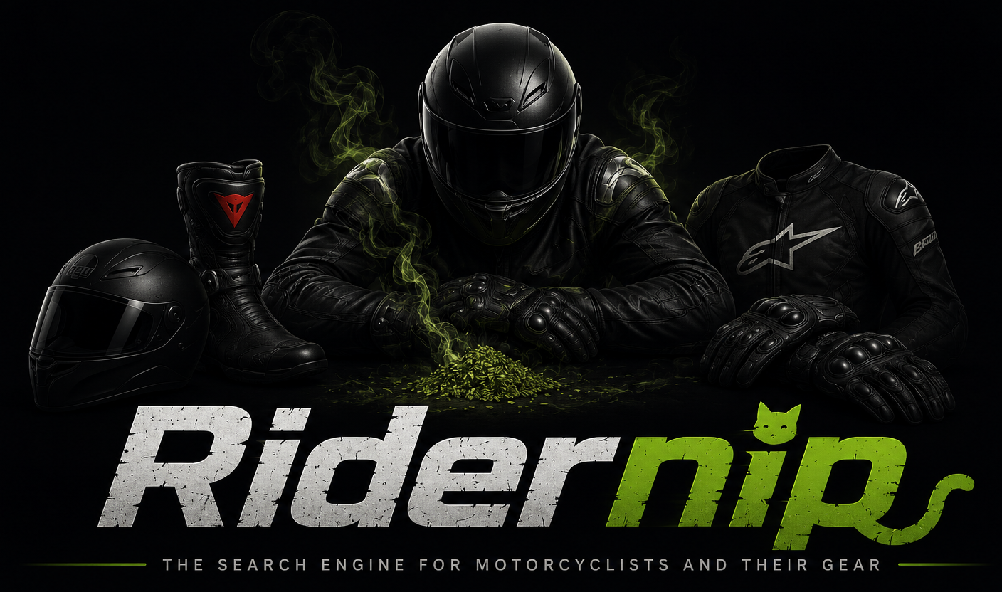 Ridernip logo with a motorcyclist, helmets, boots, jacket and gloves.