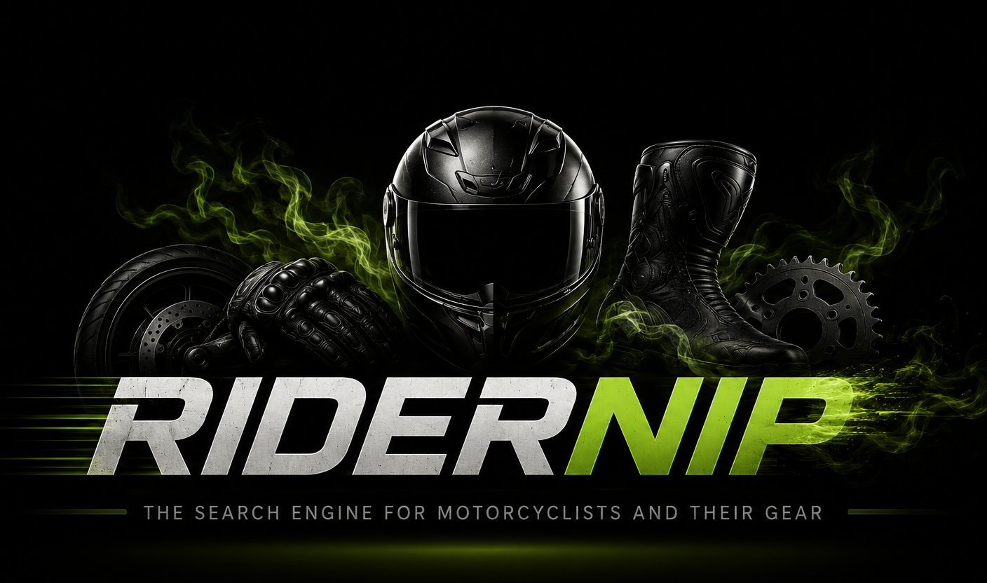 Ridernip logo with a helmet, glove, boot, wheel and sprocket.